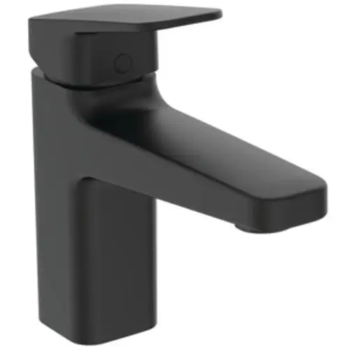 Schwarze Armatur von Ideal Standard mit flachem Hebel und rechteckiger Form. Eignet sich für moderne Waschbecken und ist für effizienten Wasserfluss konzipiert.